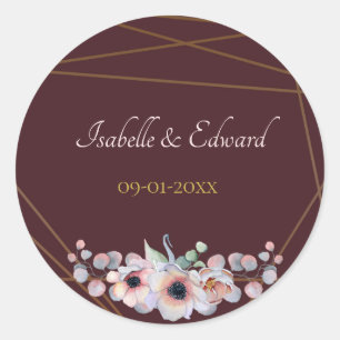 Sticker Rond Élégant Mariage de Fleurs d'anémones Marsala Blush