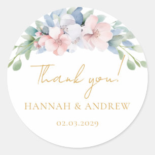 Sticker Rond Élégant Mariage de Fleurs Roses Bleues