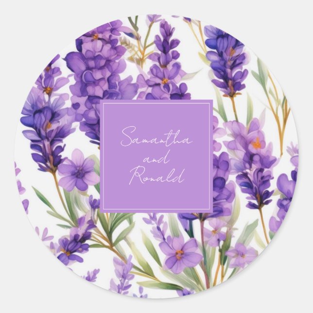 Sticker Rond Élégant Mariage de Lavande aquarelle (Devant)