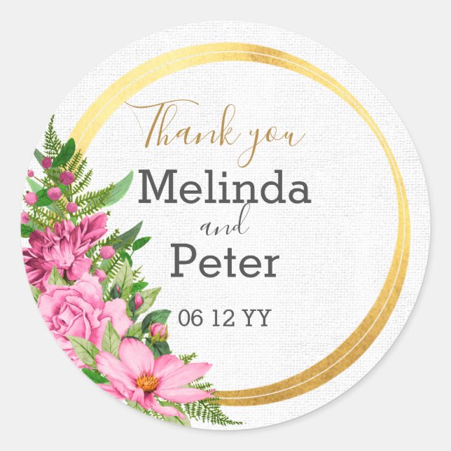 Sticker Rond Élégant Mariage de Merci rose (Devant)