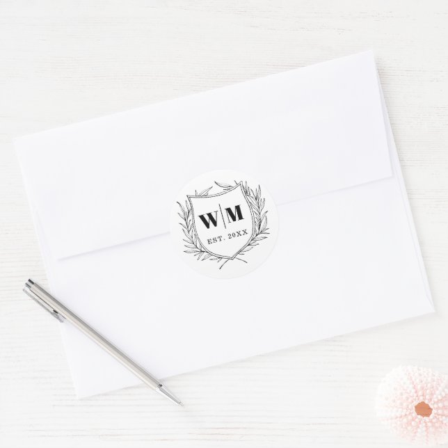 Sticker Rond Élégant Mariage de monogramme de crête (Enveloppe)