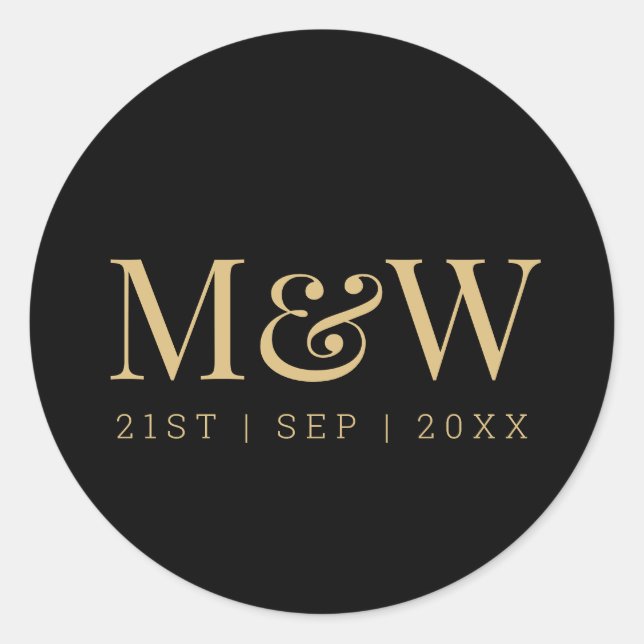 Sticker Rond Élégant Mariage de monogramme d'or noir (Devant)