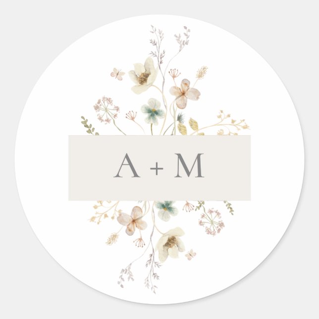 Sticker Rond Élégant Mariage de monogramme floral pressé (Devant)