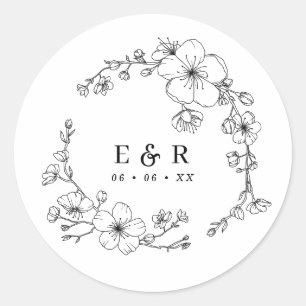 Sticker Rond Élégant Mariage de monogramme noir et blanc