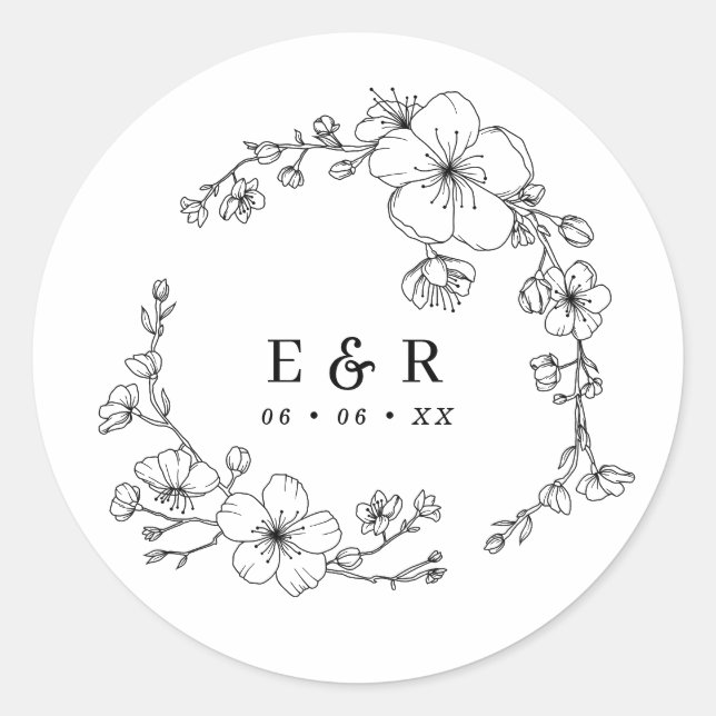 Sticker Rond Élégant Mariage de monogramme noir et blanc (Devant)