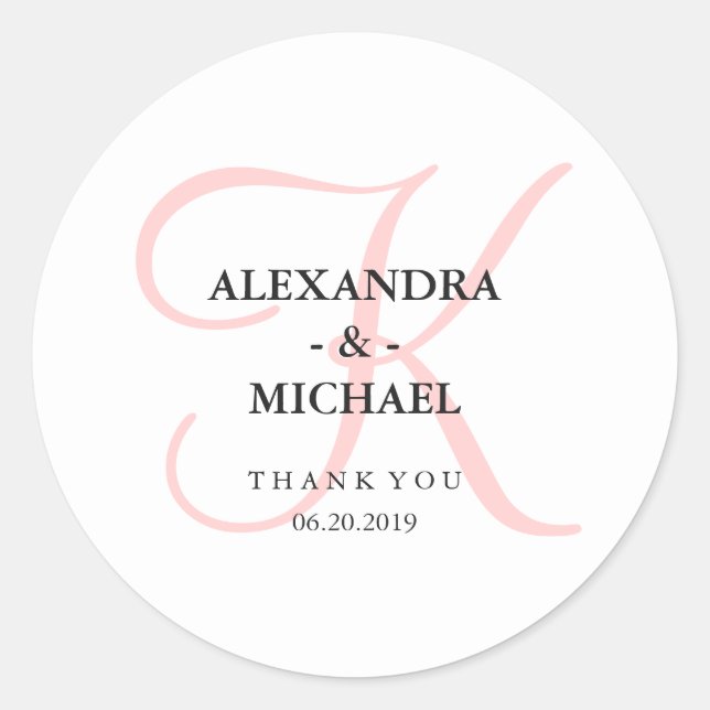 Sticker Rond Élégant Mariage de Monogramme rose moderne (Devant)