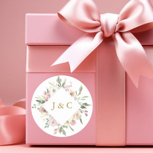 Sticker Rond Élégant Mariage de monogramme rose rose or