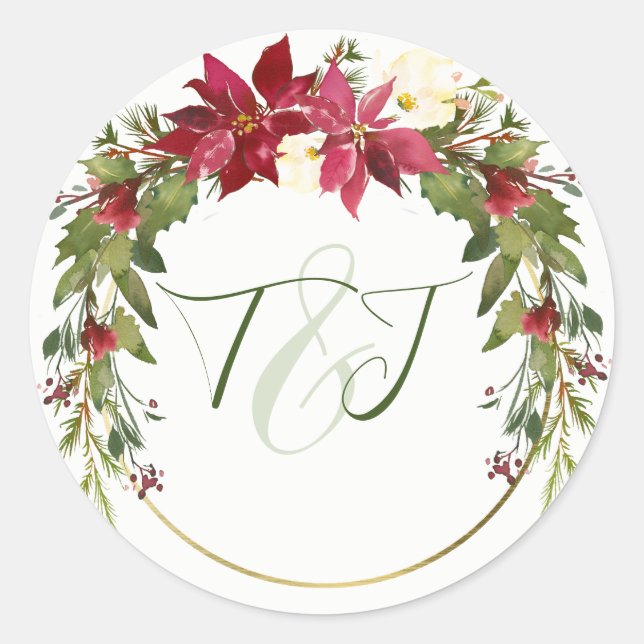 Sticker Rond Élégant Mariage de Noël Rouge Poinsettia Verdure (Devant)
