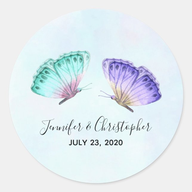 Sticker Rond Élégant Mariage de papillon aquarelle Duo (Devant)