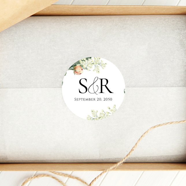 Sticker Rond Élégant Mariage de pêche Floral Custom (Elegant peach floral wedding monogram sticker. )