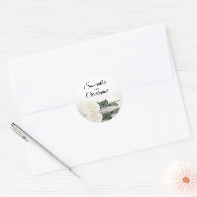 Sticker Rond Élégant Mariage de rose blanche ivoire miroir (Enveloppe)
