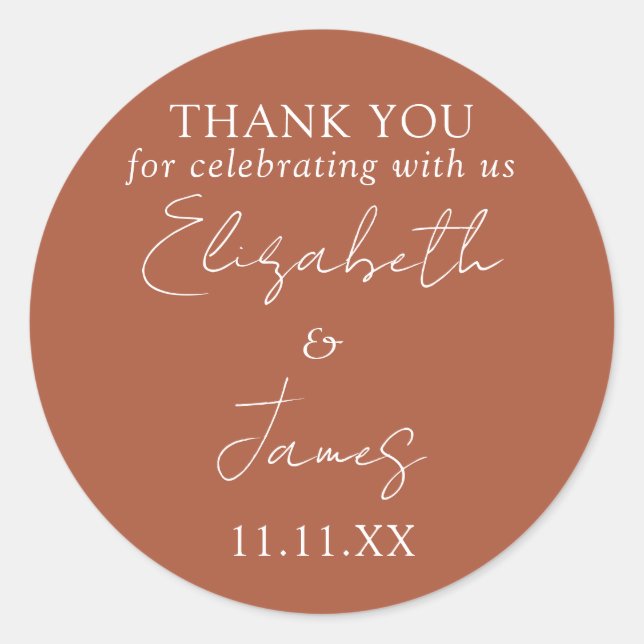 Sticker Rond Élégant Mariage de script en terre cuite Merci (Devant)