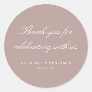 Sticker Rond Élégant Mariage de script Mauve Merci personnalisé