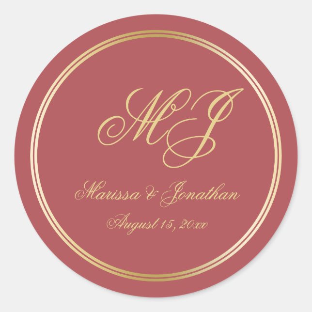 Sticker Rond Élégant Mariage de script Monogramme Or en Terraco (Devant)