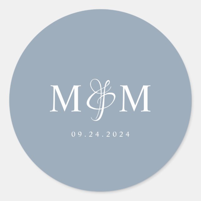Sticker Rond Elégant Mariage d'enveloppe Monogramme bleu Dusty (Devant)