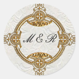 Sticker Rond Élégant Mariage d'or monogramme