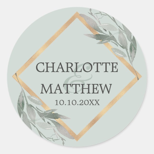 Sticker Rond Élégant Mariage d'or vert feuille de bois (Devant)