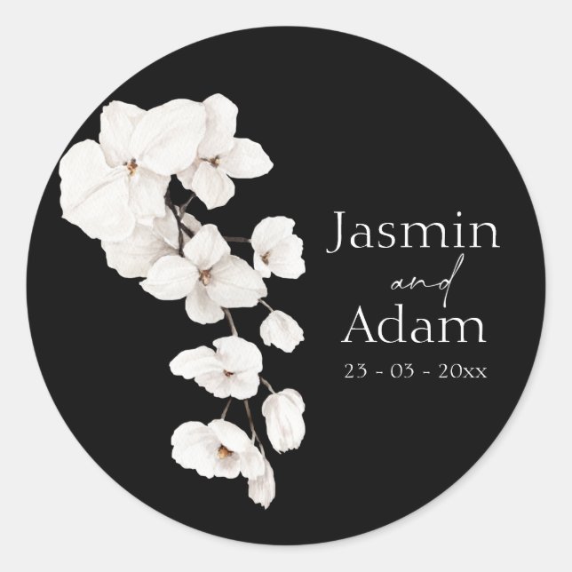 Sticker Rond Élégant Mariage d'orchidée noire et blanche (Devant)