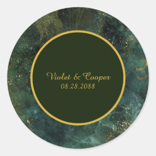Sticker Rond Élégant Mariage Emerald Green et Gold Flecks