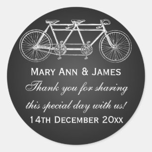 Sticker Rond Elégant Mariage Favor Tag Tandem Vélo Noir