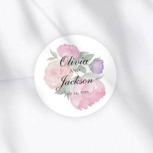 Sticker Rond Élégant mariage floral aquarelle rose