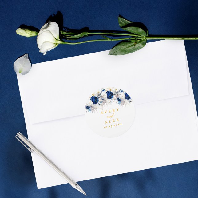 Sticker Rond Élégant Mariage floral bleu et jaune (Créateur téléchargé)