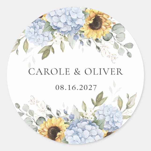 Sticker Rond Élégant Mariage Floral Blue Hydrangea Sunflowers (Devant)