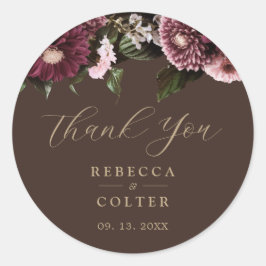 Sticker Rond Élégant Mariage floral Brown Bourgogne
