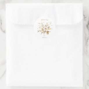 Sticker Rond Élégant Mariage Floral Champagne Gold