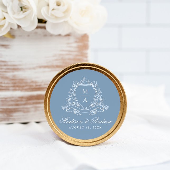 Sticker Rond Élégant Mariage Floral Crest Monogramme bleu (Créateur téléchargé)