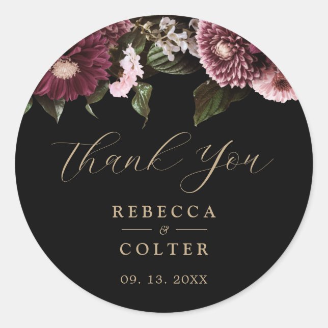 Sticker Rond Élégant Mariage floral de Bourgogne noire (Devant)
