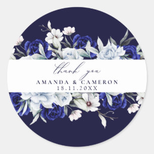 Sticker Rond Elégant Mariage floral Dusty Blue Navy