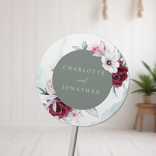 Sticker Rond Élégant Mariage floral Emerald vert & Bourgogne (Créateur téléchargé)