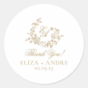 Sticker Rond Élégant Mariage Floral Gold
