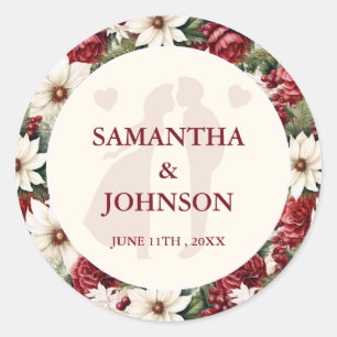 Sticker Rond Élégant Mariage Floral Ivoire Vintage Bourgogne