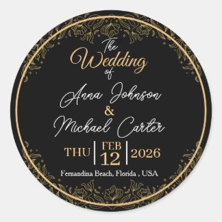 Sticker Rond Élégant mariage floral noir et or