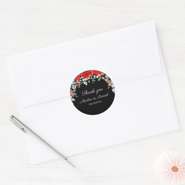 Sticker Rond Élégant Mariage Floral Noir Et Rouge (Enveloppe)