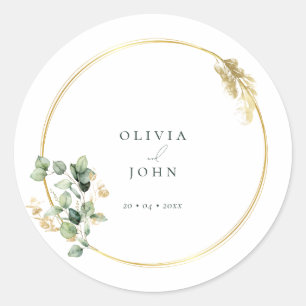 Sticker Rond Élégant Mariage Gold Green Eucaliptus