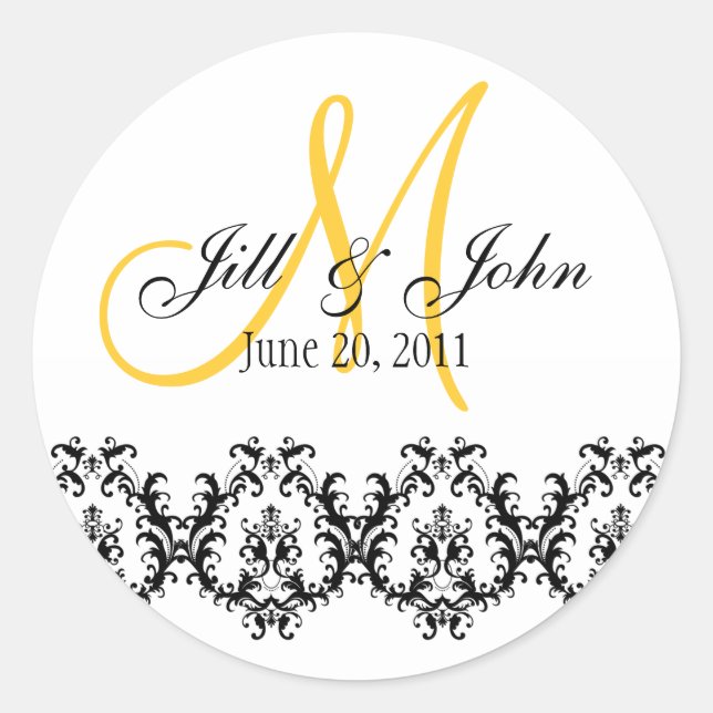 Sticker Rond Élégant mariage jaune Monogramme Enregistrer la da (Devant)