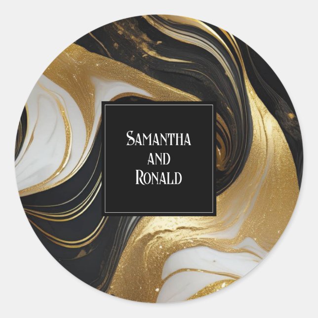 Sticker Rond Elégant Mariage marbré Faux Gold, noir & blanc (Devant)