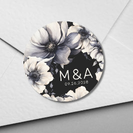 Sticker Rond Élégant Mariage moderne noir blanc floral