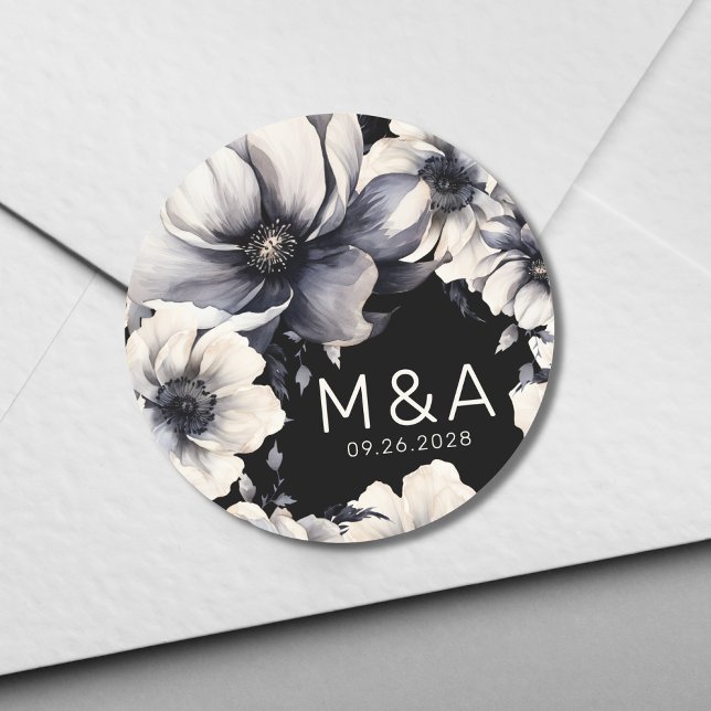 Sticker Rond Élégant Mariage moderne noir blanc floral (Elegant Modern Chic Floral Black White Wedding Classic Round Sticker)