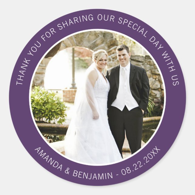 Sticker Rond Élégant Mariage moderne violet Merci photo (Devant)