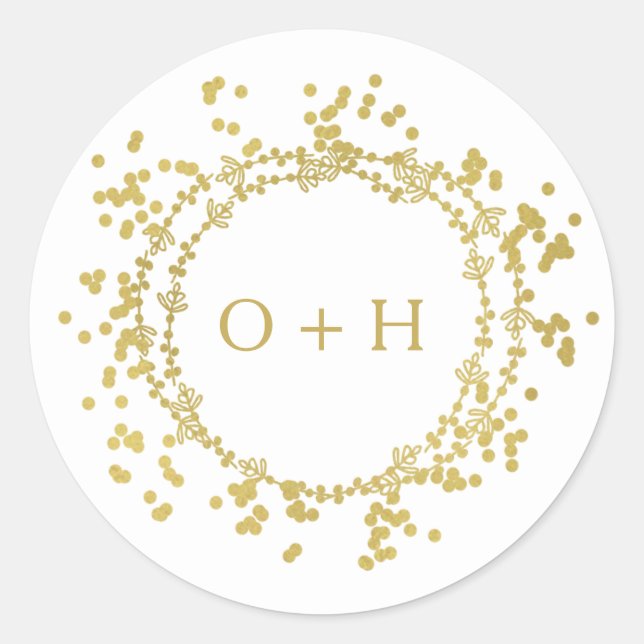 Sticker Rond Élégant Mariage Monogramme | Blanc et or (Devant)