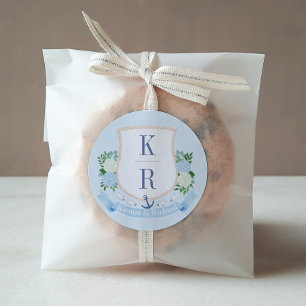 Sticker Rond Élégant Mariage Monogramme Côtier Bleu Et Blanc