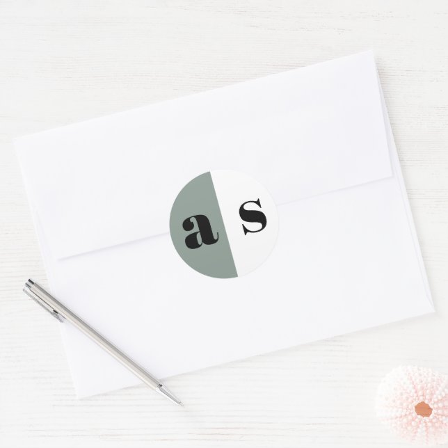 Sticker Rond Élégant mariage monogramme gris verdâtre (Enveloppe)