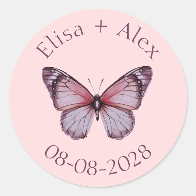 Sticker Rond Élégant Mariage papillons Fiançailles PERSONNALISÉ (Devant)
