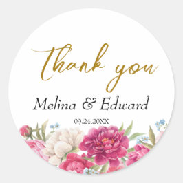 Sticker Rond Élégant Mariage rose Peony Florals