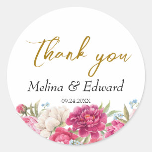 Sticker Rond Élégant Mariage rose Peony Florals