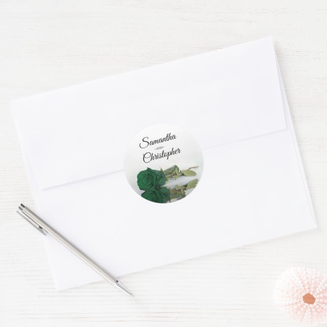 Sticker Rond Élégant Mariage Rose vert émeraude en miroir (Enveloppe)